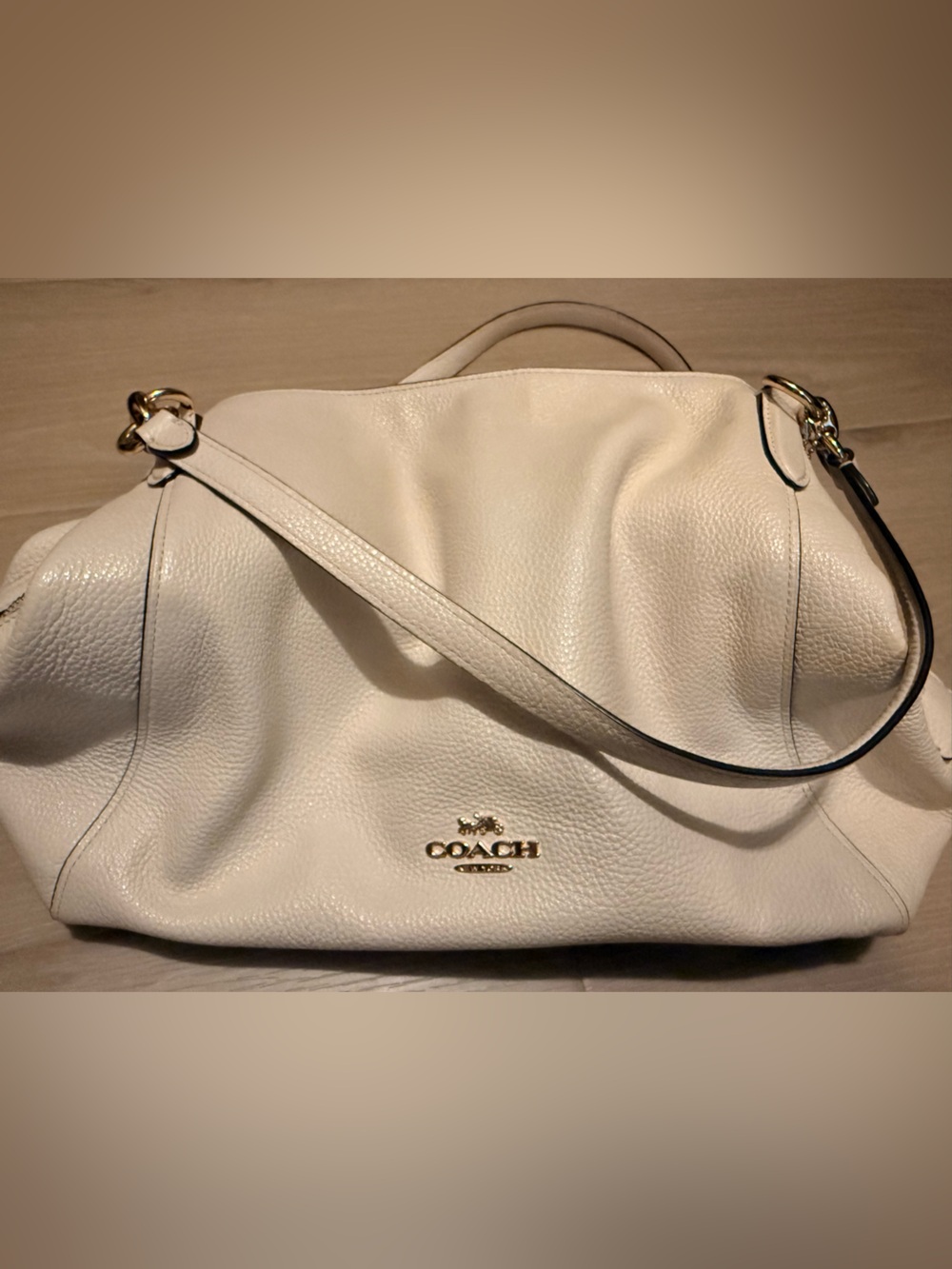 Coach Cream Pebbled Leather Shoulder Tote - Gold Hardware